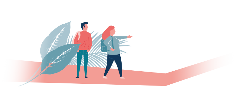 Illustration von einem Mann und einer Frau die sich auf eine Expedition auf machen. Die Frau zeigt mit der Hand den Weg.